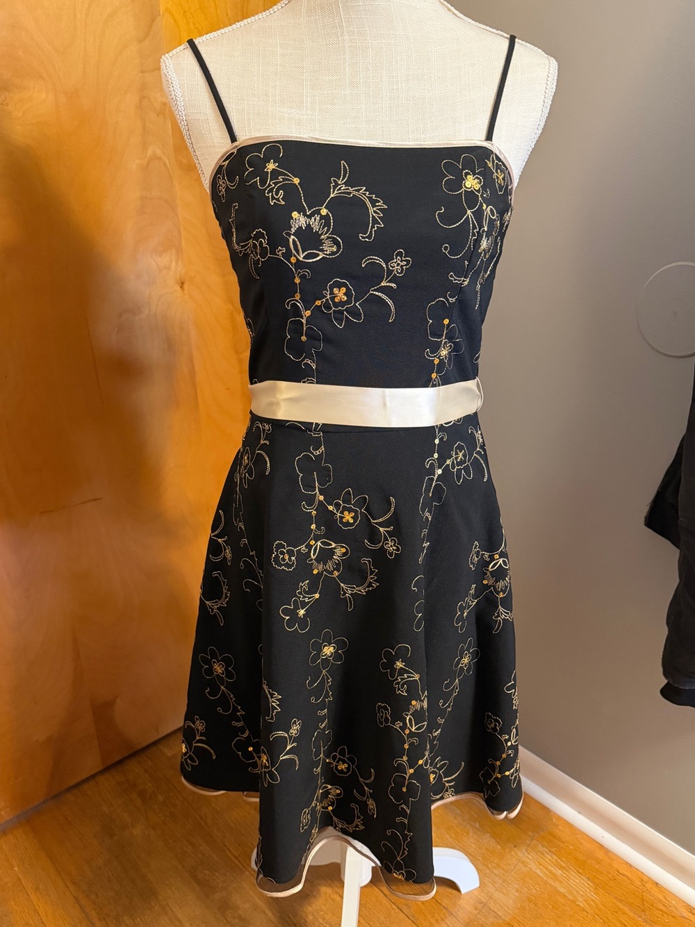 Black Floral Satin-Trim A-Line Dress